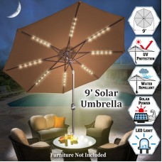 Sunrise 9' Outdoor Patio Solar Umbrella with 40 LED lights and 8 Ribs, Garden Sunshade with Crank and Tilt (Tan)   570466769